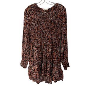 BeachLunchLounge Brown Black Printed Smocked Long Sleeve Dress Large L Women's